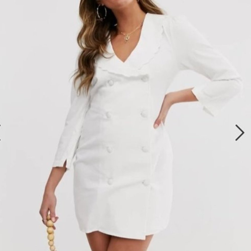 ASOS Denim Frill Collar Button Mini Blazer Dress in White - NWT